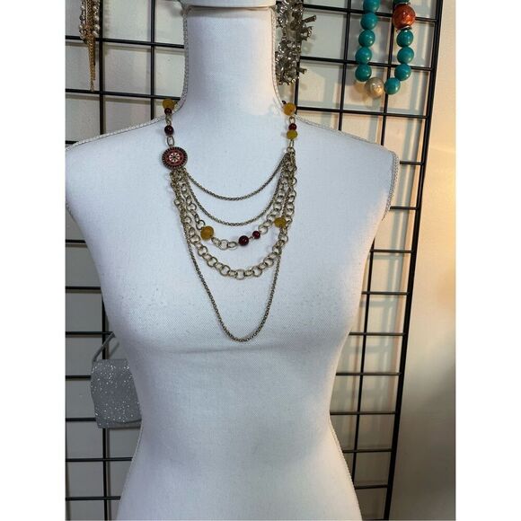 Lucky Brand Gypsy Red Enamel Medallion Gold-Tone Layered Long Necklace - Picture 1 of 8